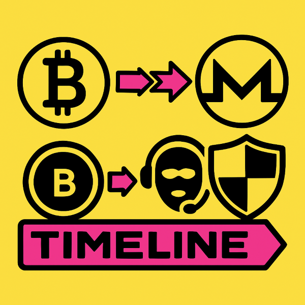 Vector illustration of a timeline: early Bitcoin logo, privacy coin icons, neon arrows, comic-book style, acid yellow and black