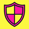Vector icon of a shield with neon pink and yellow, thick black outline