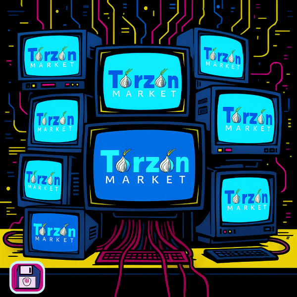 Vector illustration of a cluster of retro CRT monitors, thick black outlines, neon cables, static glitch lines, and comic-book style details, all connected in a cyberpunk arrangement for Torzon Darknet