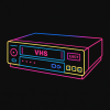 Vector drawing of a retro VHS player with thick outlines and neon accents