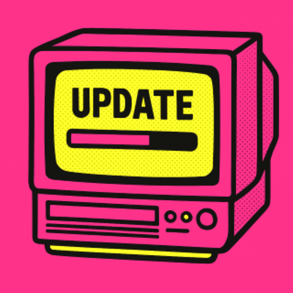 Vector illustration of a CRT monitor displaying a software update progress bar, neon pink and acid yellow, comic-book style