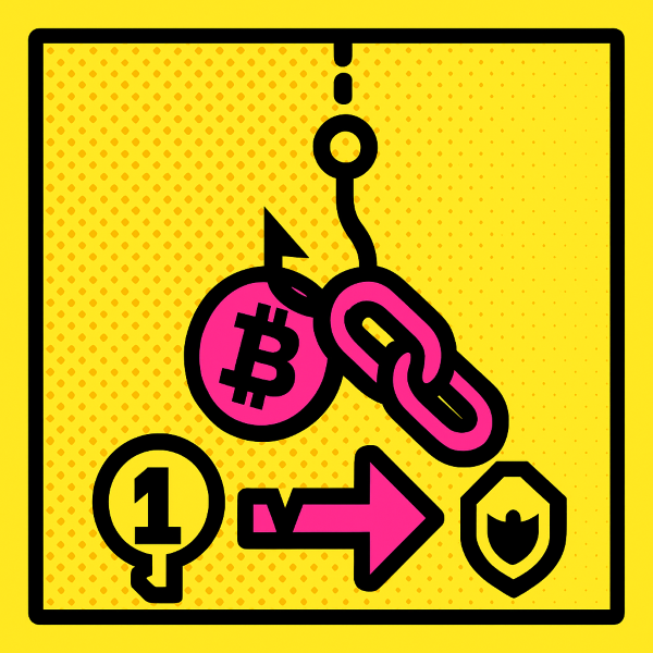 Vector illustration of a phishing hook catching a neon pink link, comic-book style