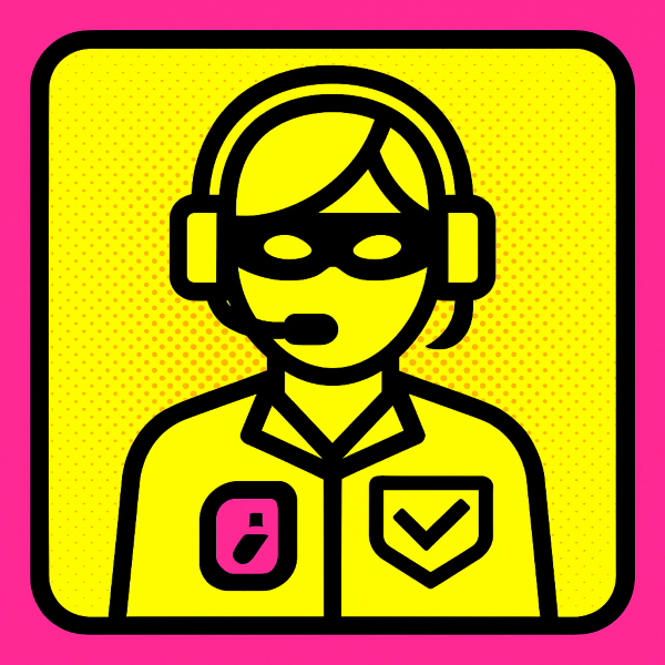 Vector illustration of a vendor avatar with a headset, neon pink and black, comic-book style