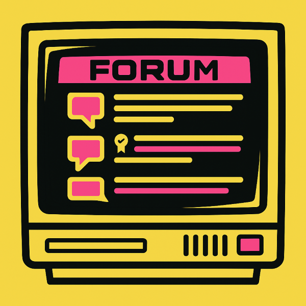 Vector illustration of a retro forum interface on a CRT, acid yellow and neon pink