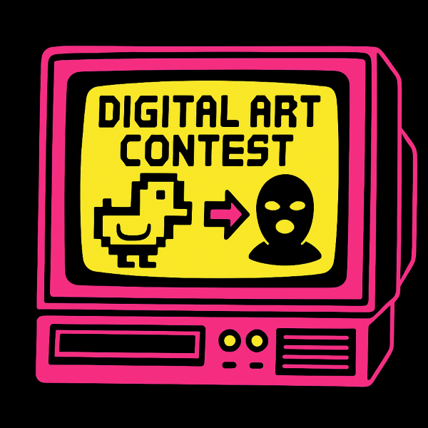 Vector illustration of a digital art contest, CRT displaying pixel art, neon pink and black